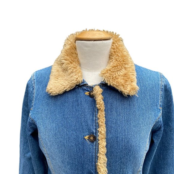 Lee Longline Faux Fur Denim Jean Jacket Cowgirl Western Fall Vintage 90s Faded-M - Picture 2 of 16
